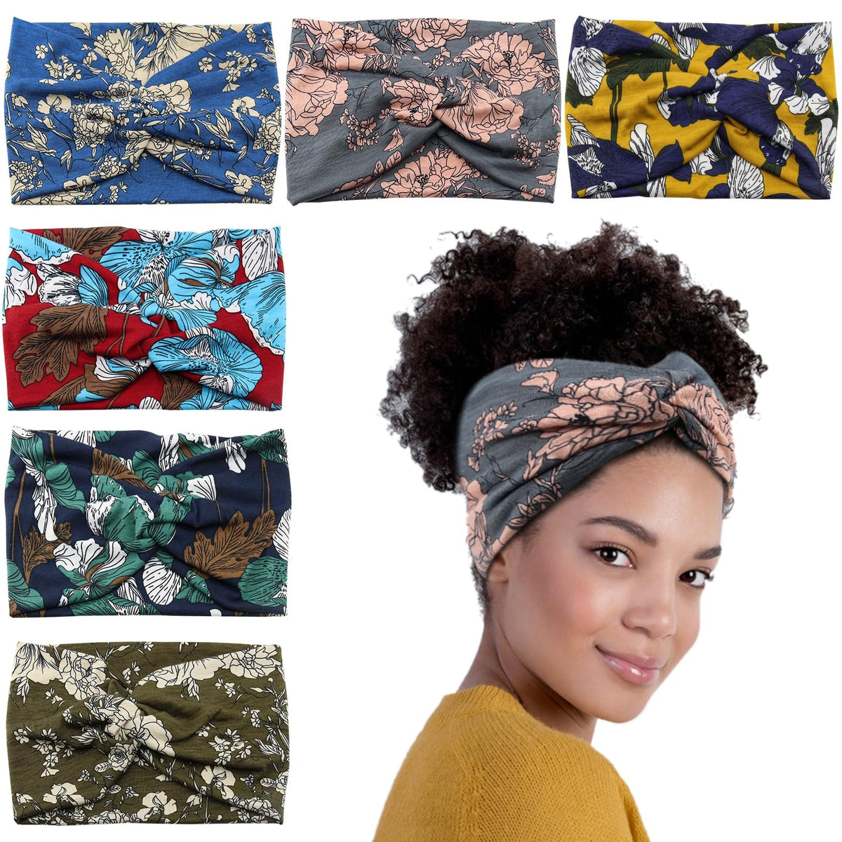 Carde Wide Headbands for Women 6 Count (Pack of 1), Floral Printed