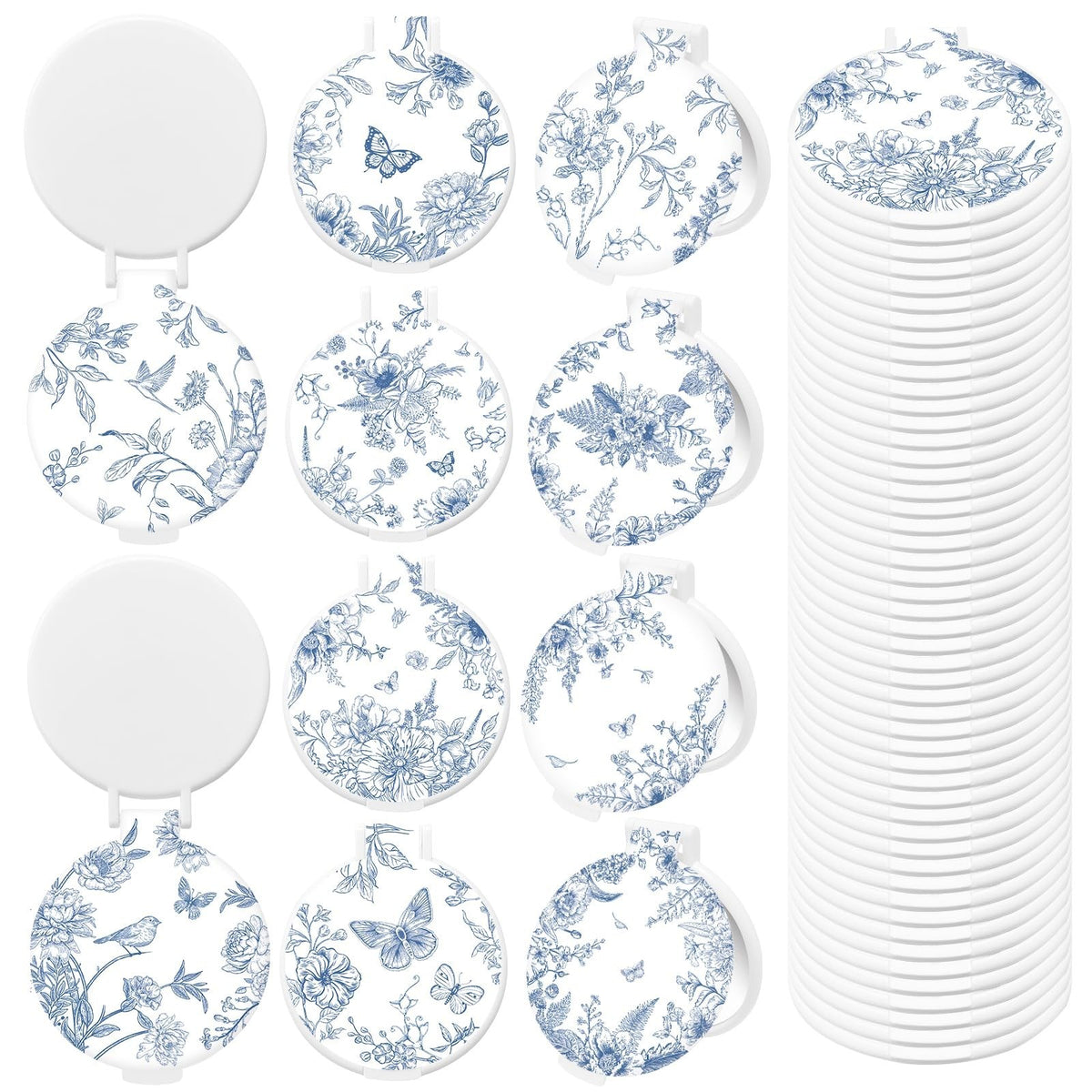 Blue Porcelain Compact Mirror Set - 50 Small Pocket Round Mirrors for Gifts