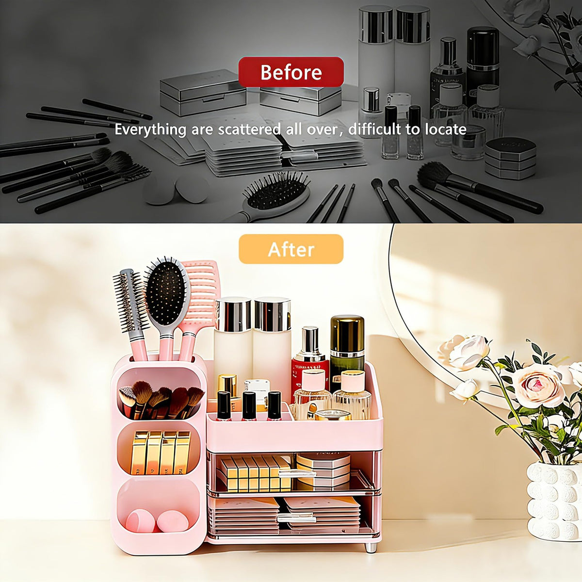 Makeup Organizer with Drawers and Brush Holders - Vanity Storage Case, Pink