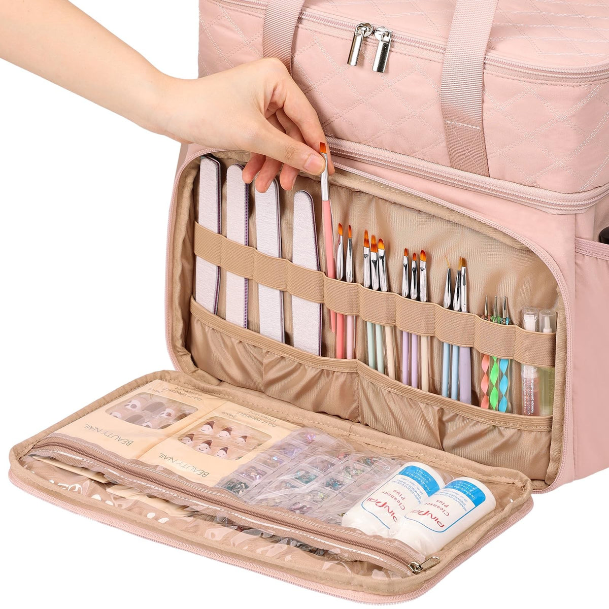 Double Layer Nail Polish Organizer with Lamp and Accessories Storage - Pink