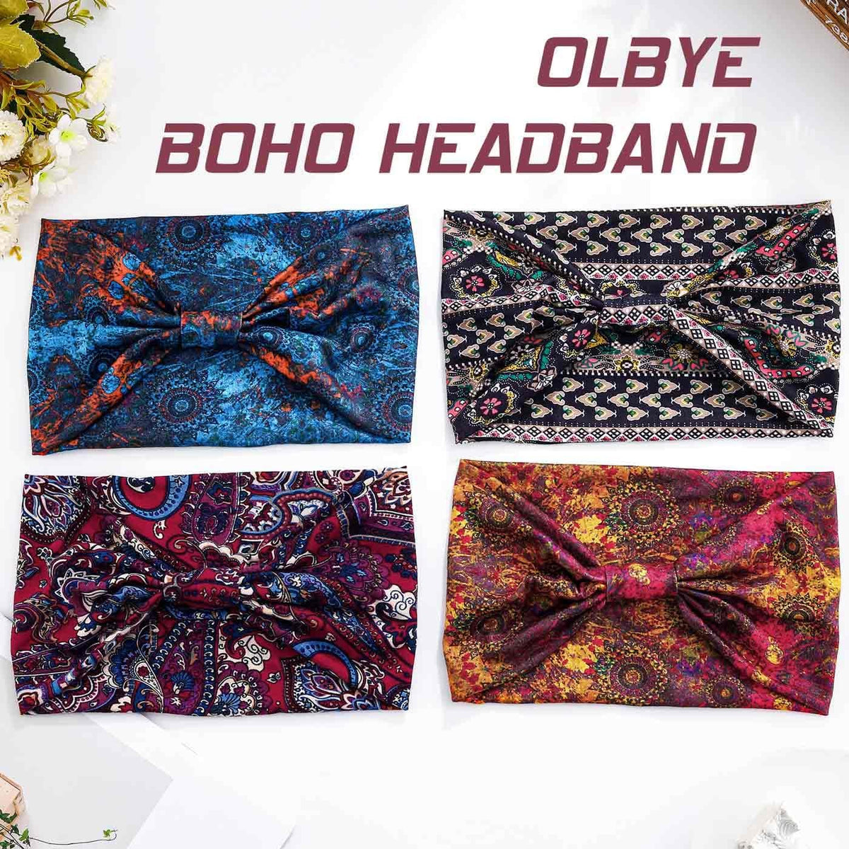 Wide Boho Headbands Floral Stretch Head Wraps 1 Count (Pack of 4),