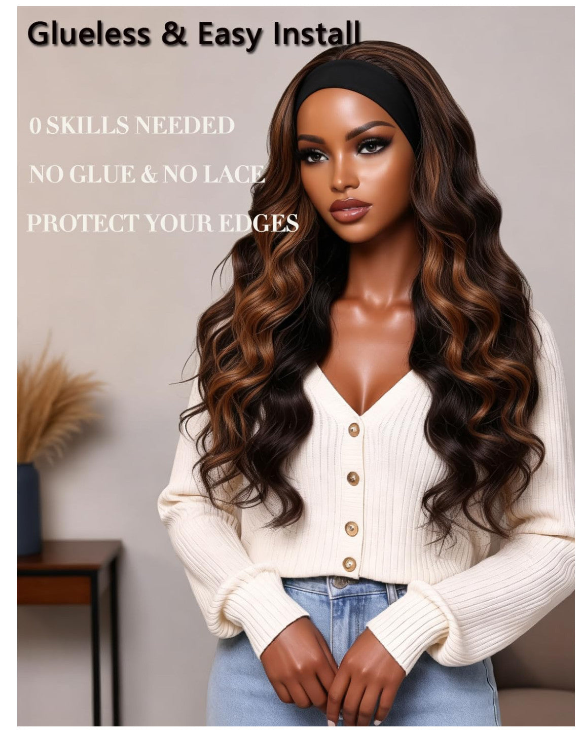 Long Body Wave Synthetic Headband Wig - Glueless 24 Inch for Black Women