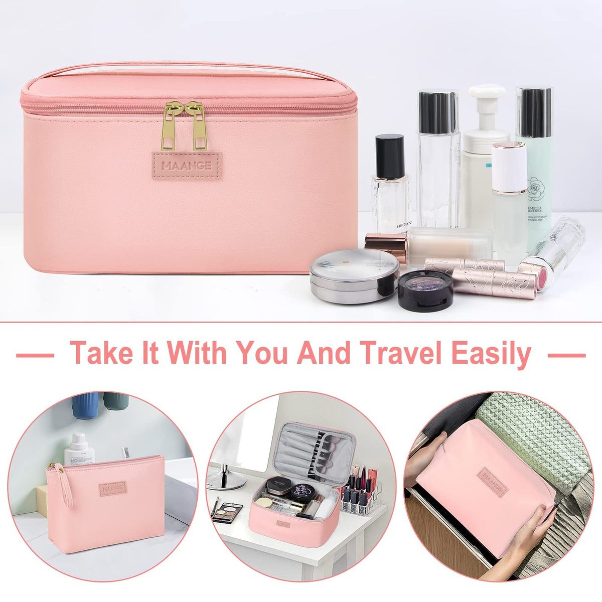 Large Travel Makeup Bag with 2 Small Cosmetic Pouches - Portable Leather Organizer Set