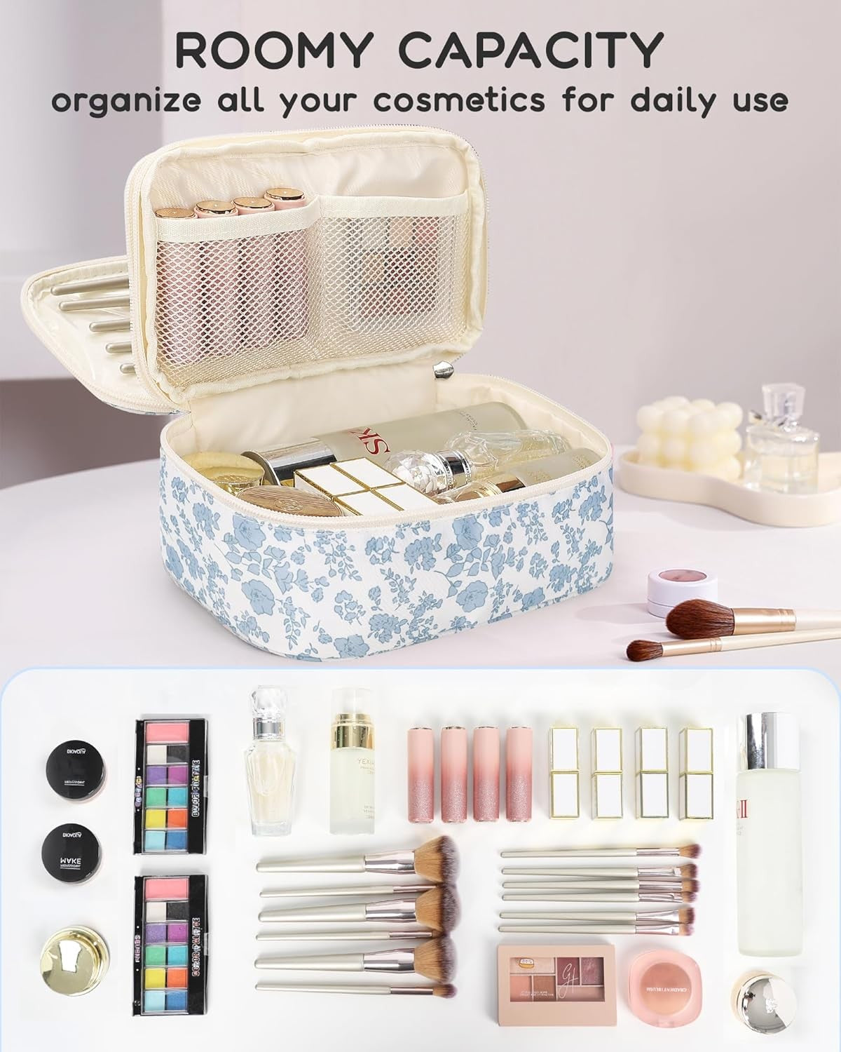 Travel Makeup Bag, Small Floral Cosmetic Organizer with Brush Compartments