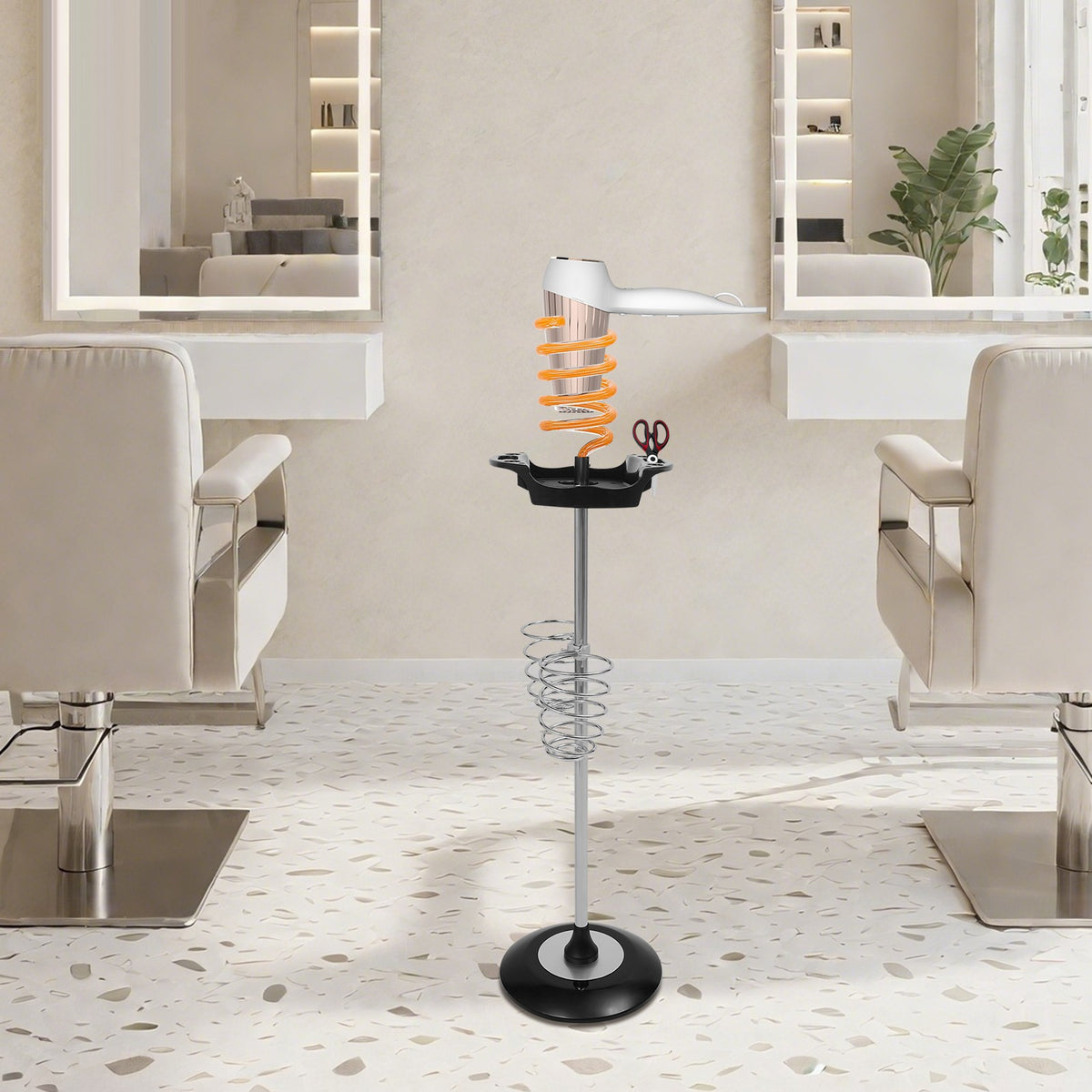 Hair Dryer Stand with Tray and Spiral Holder - Salon Styling Organizer