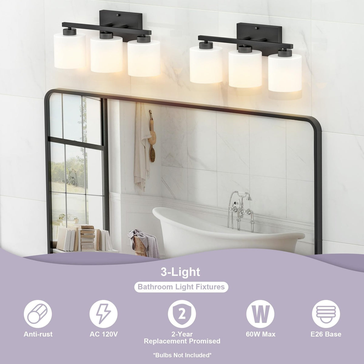 Black Bathroom Vanity Light Fixture - 3 LED Frosted Glass Wall Sconce