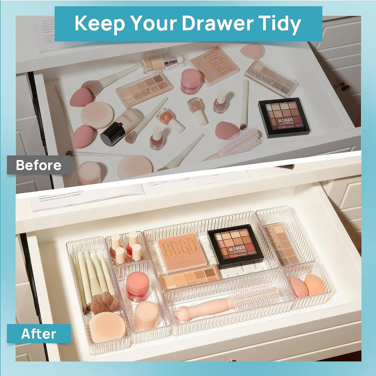 Clear Makeup Drawer Organizer Bins Set - 7 Pieces, 4 Sizes, Stackable Vanity Storage