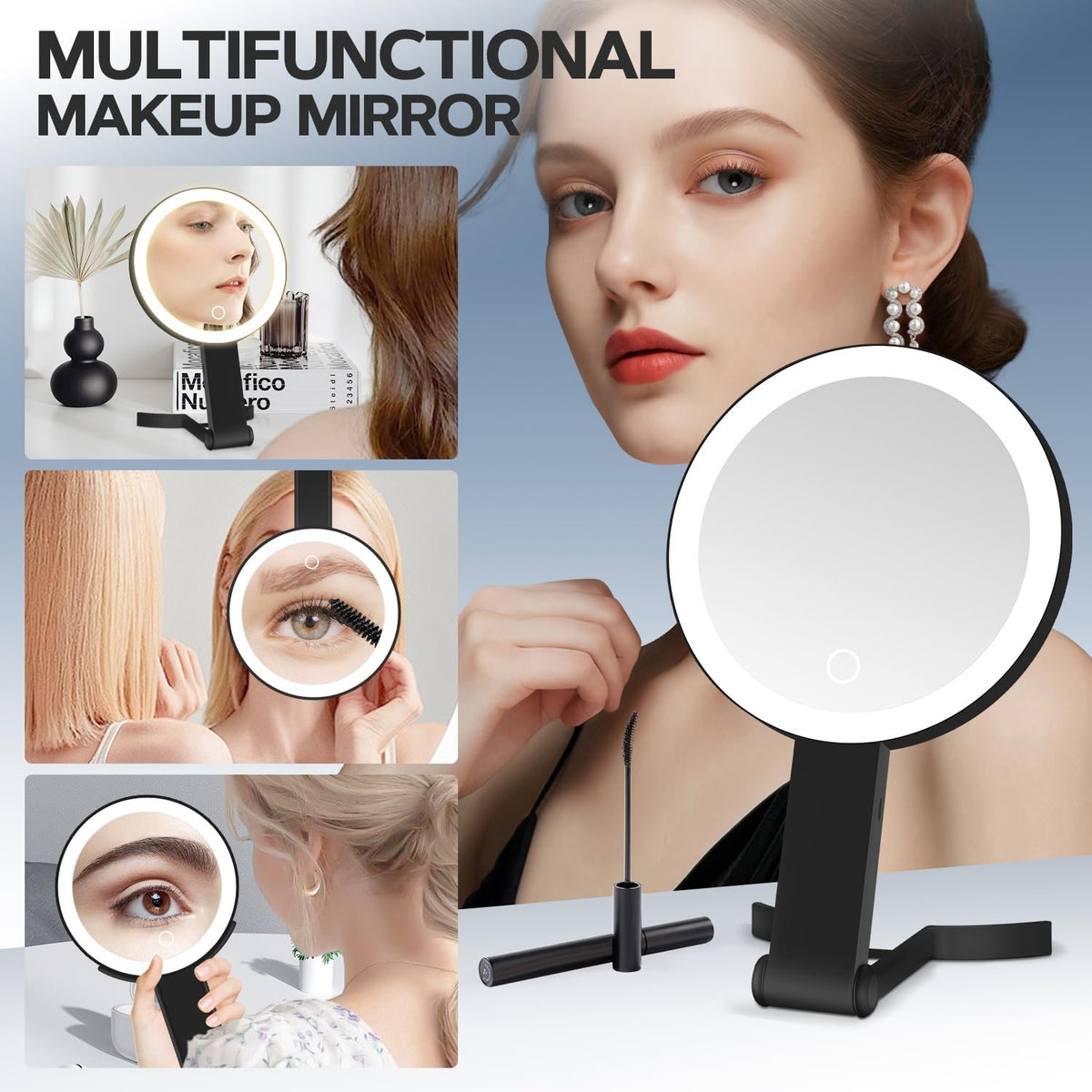Lighted Makeup Mirror 30X Magnification with LED, Handheld & Hanging Black
