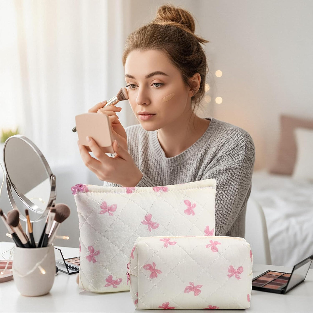 3-Piece Quilted Cotton Makeup Bag Set with Floral & Bow Design, Travel Cosmetic Organizer