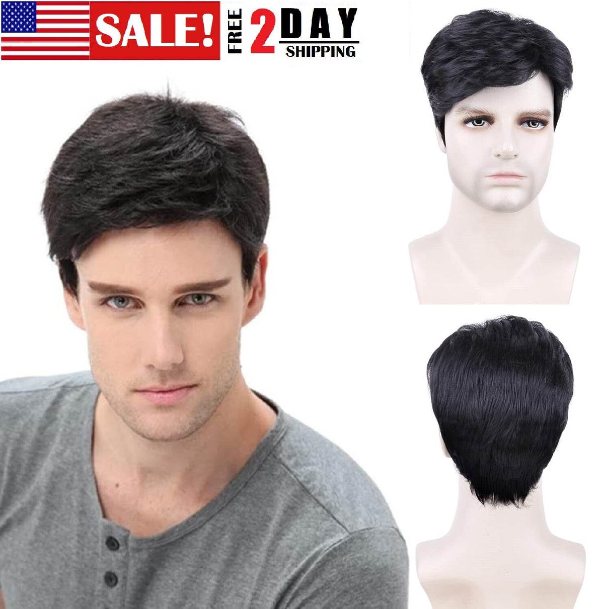 Men's Short Wavy Synthetic Black Wig for Daily Wear - Natural Look