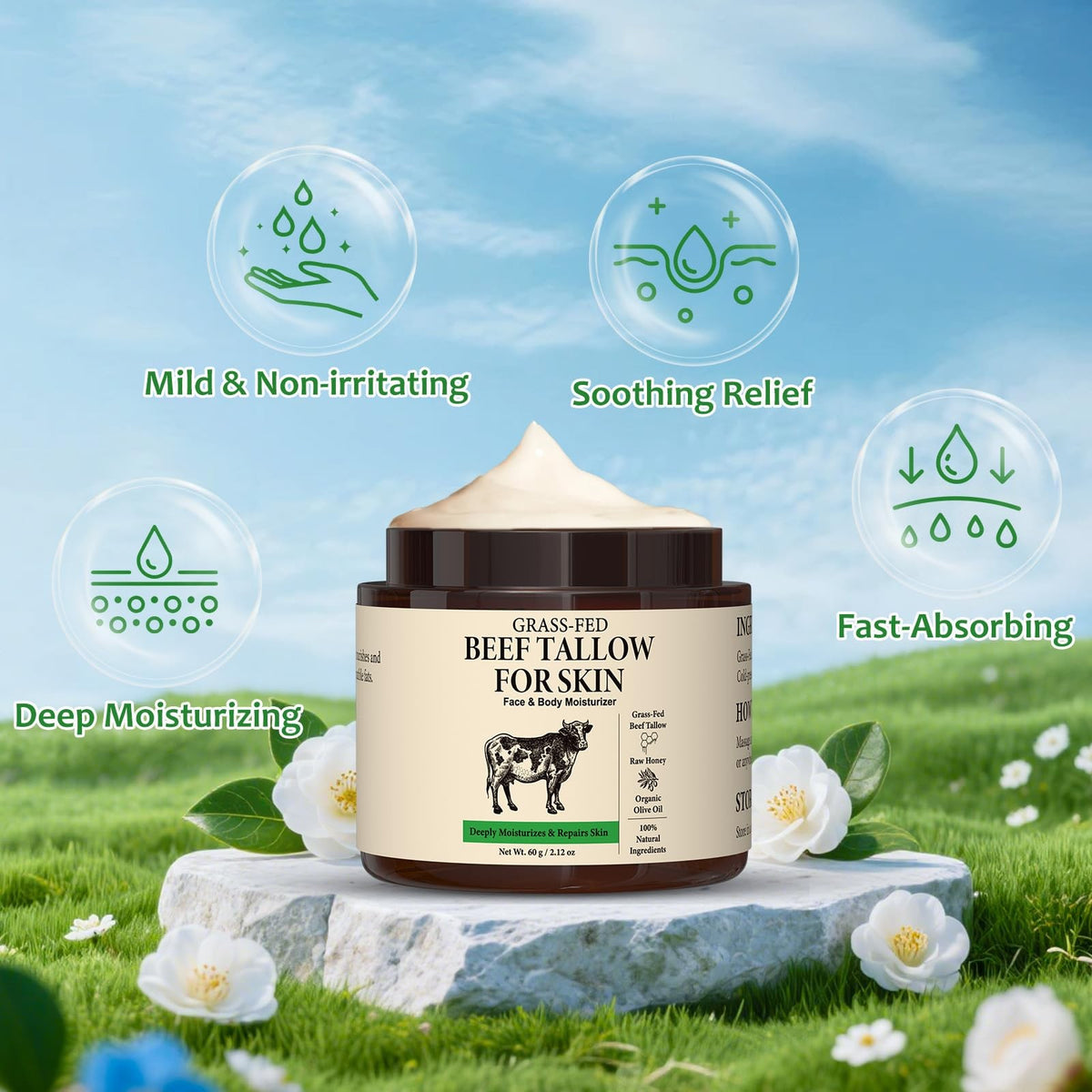 Organic Beef Tallow Skin Moisturizer with Honey & Olive Oil - Deep Nourishing Balm