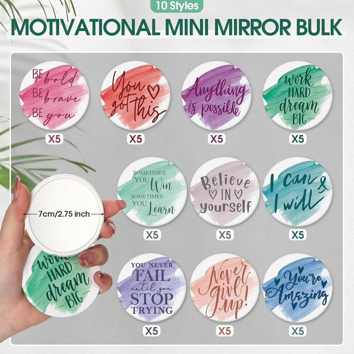 Bulk 50 Pack Portable Compact Mirrors with Inspirational Quotes for Women and Gifts