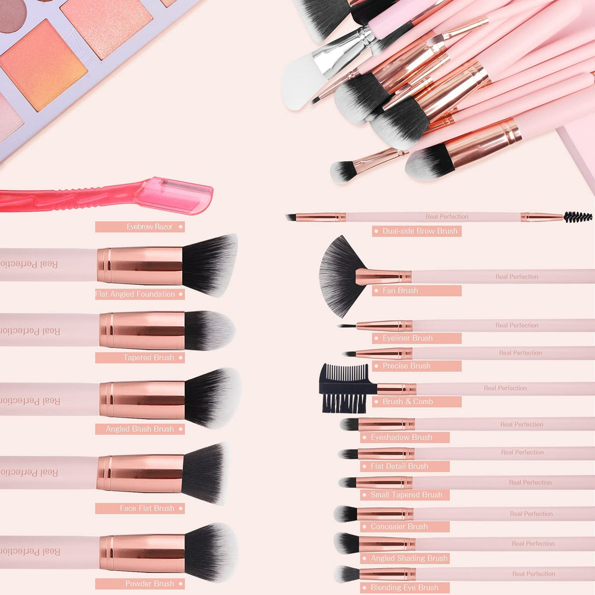 Makeup Brush Set 16 Pcs with Eyebrow Razor - Synthetic Foundation & Concealer Tools