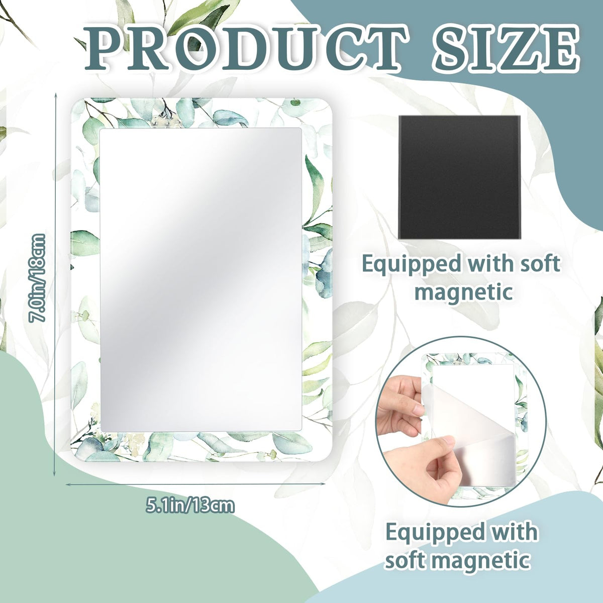 Magnetic Locker Mirror Set 7x5 Inch Green Flower & Leaf Design - Portable Makeup & Vanity Mirror