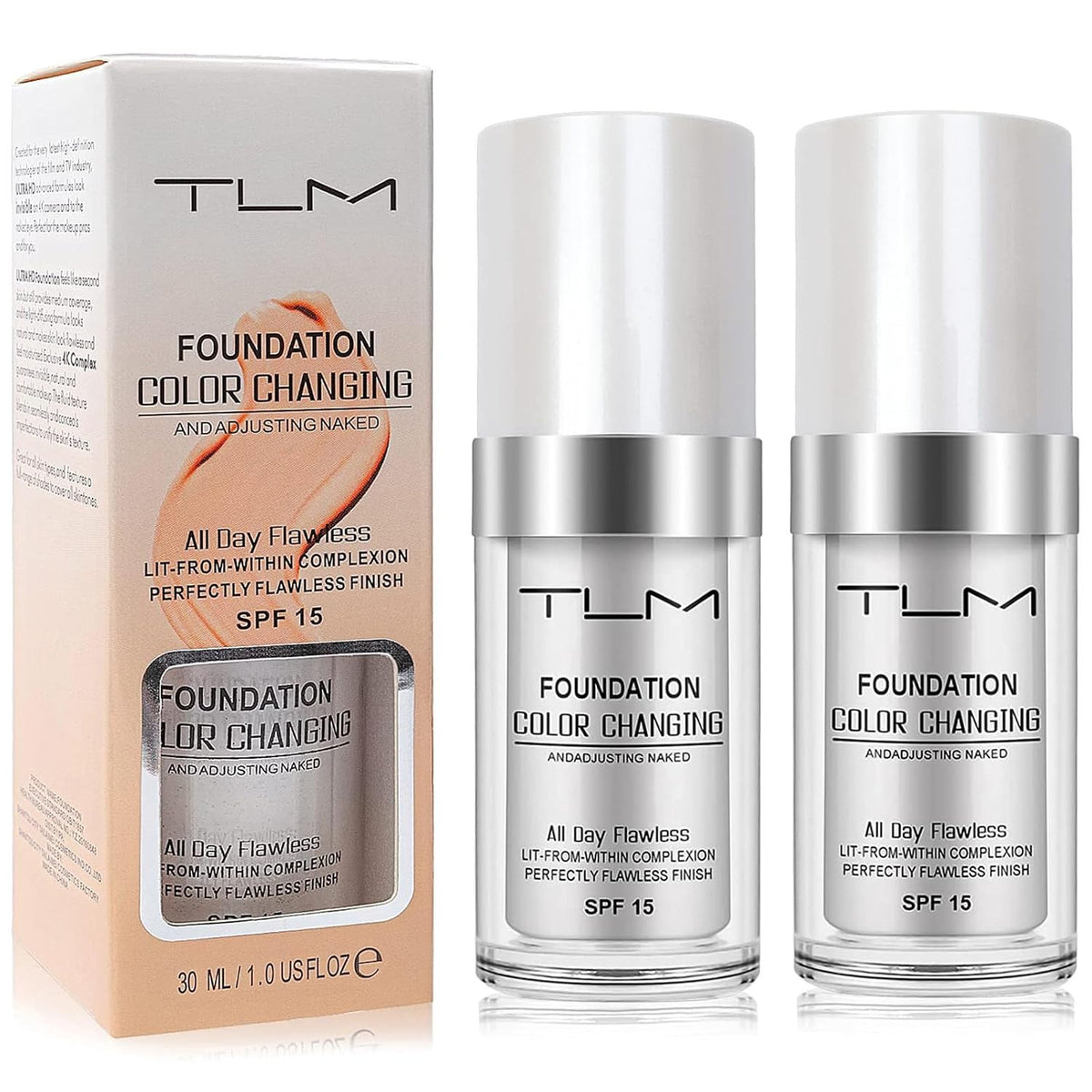 Color Changing Liquid Foundation with SPF 15 - All Day Flawless Coverage, Concealer & Skin Tone Self-Adjusting Base