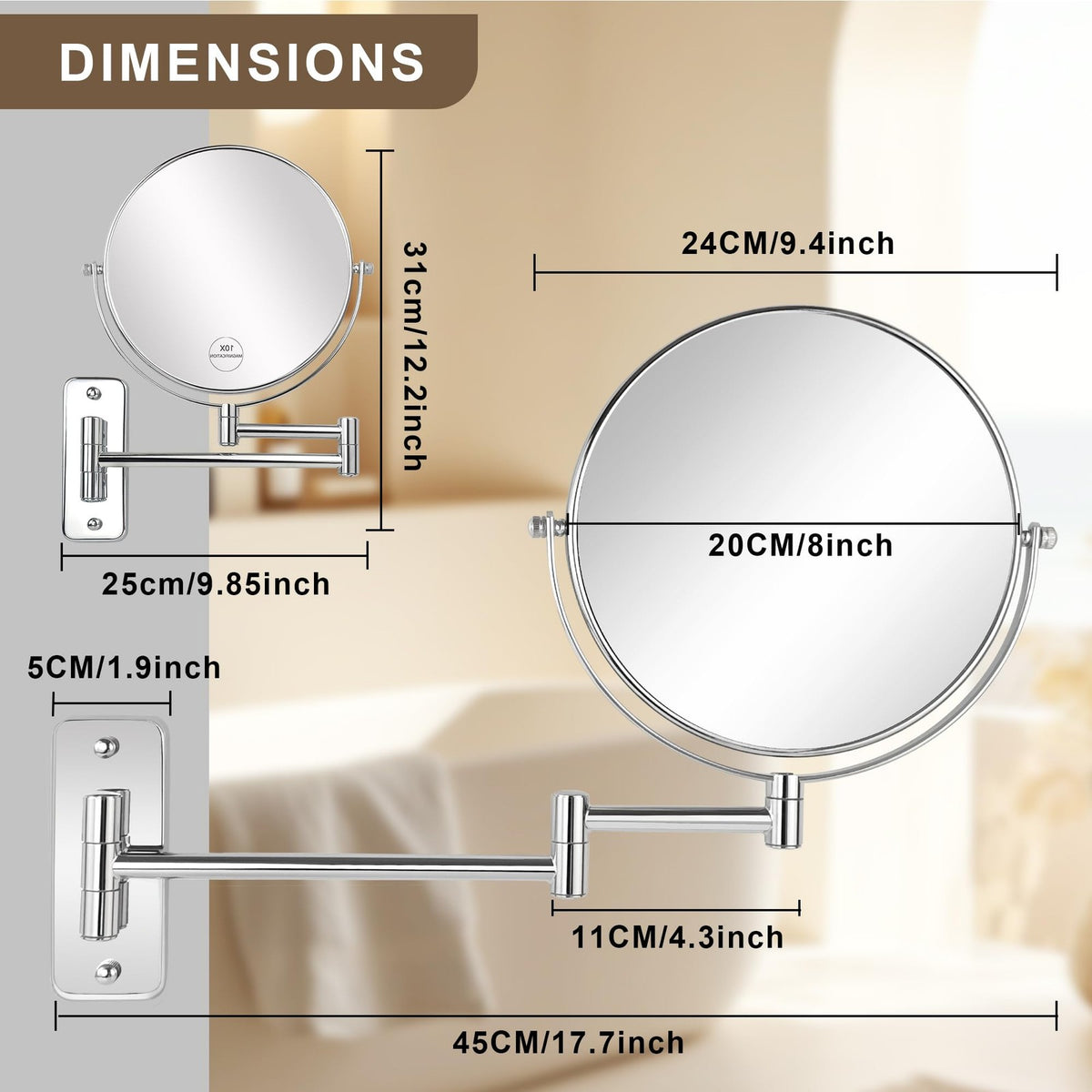 8-Inch Wall Mounted Double-Sided Makeup Mirror with 10X Magnification