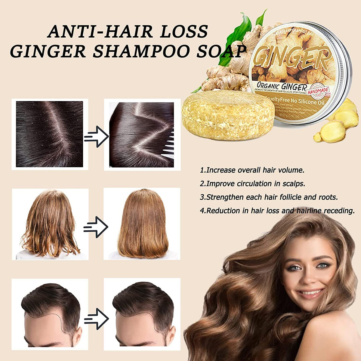 Ginger Hair Growth Shampoo Bar for Hair Regrowth & Damage Repair - Natural & Safe