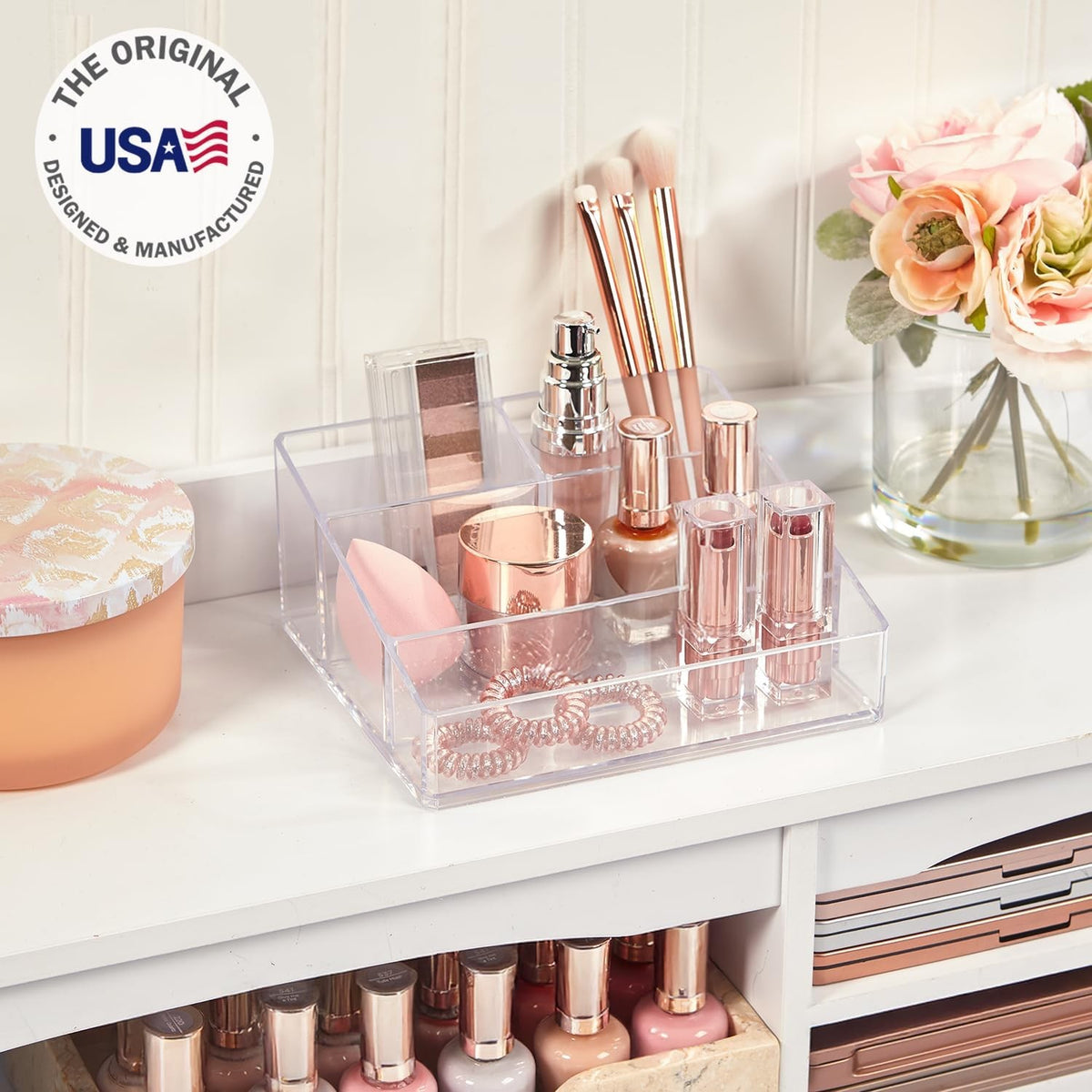Clear Plastic Vanity Makeup Organizer with 4 Compartments - Compact Storage