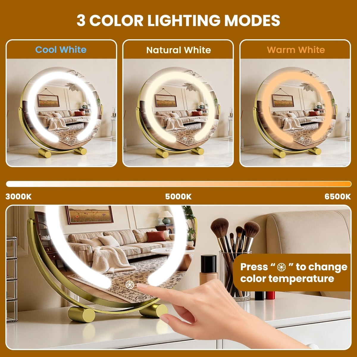 12-Inch LED Lighted Makeup Vanity Mirror with Touch Control, Dimmable & Rotatable, Gold Finish
