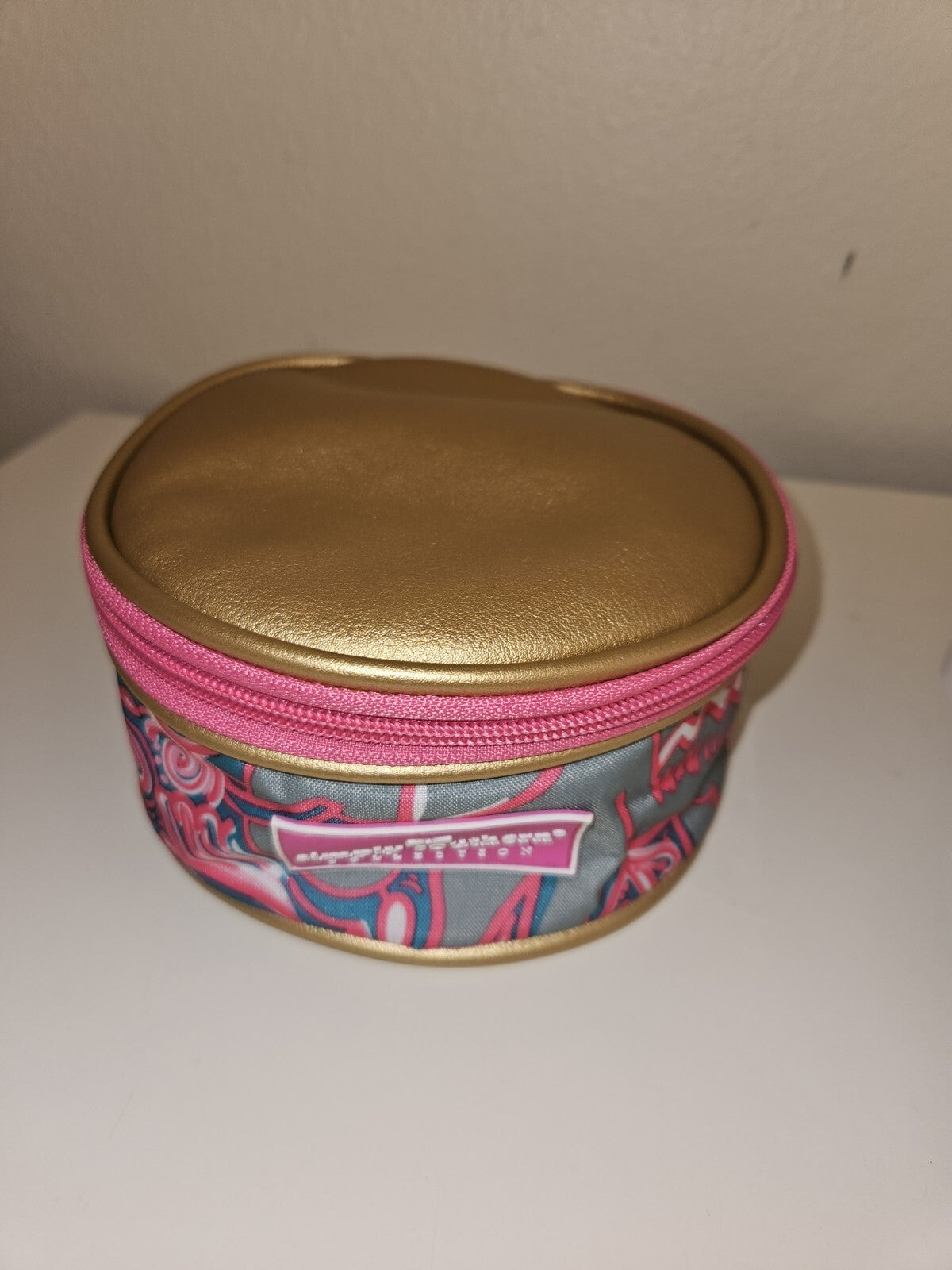 Pink and Gold Cosmetic Bag with Zipper - Round Travel Organizer