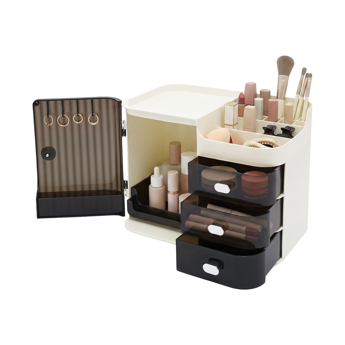 Tiered Makeup Organizer with Mirror and Multiple Compartments for Cosmetics