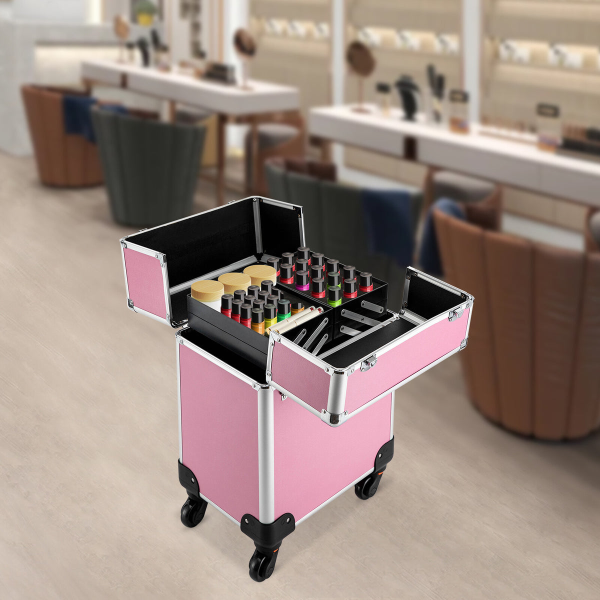 Pink Aluminum Rolling Makeup Train Case with Multiple Compartments
