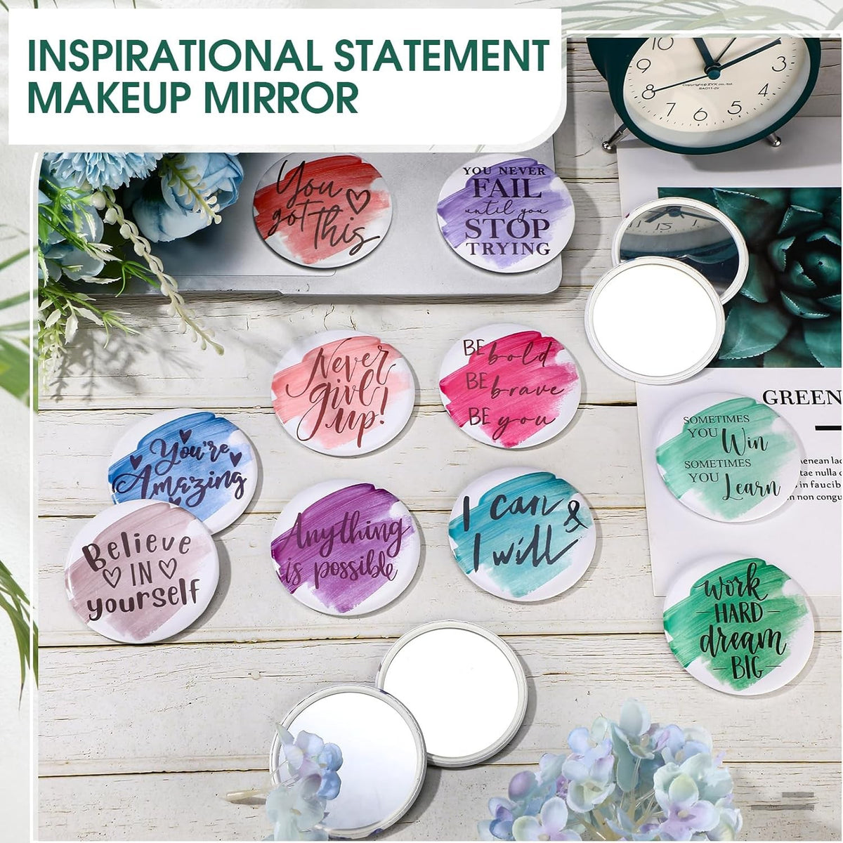 Bulk 50 Pack Portable Compact Mirrors with Inspirational Quotes for Women and Gifts