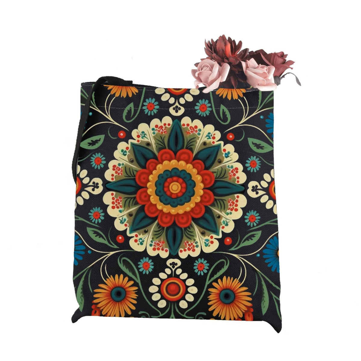 Polish Folk Art Tote Bag with Flowers - Reusable Handbag for Grocery & Travel