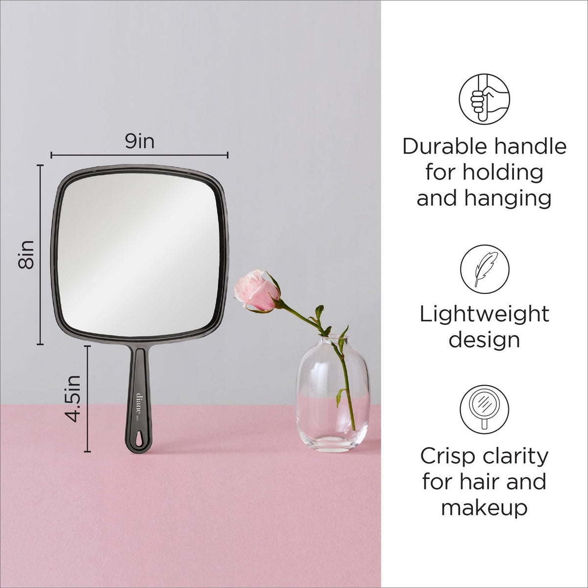 Professional Handheld Mirror with Handle - 12x9 Inches, Black
