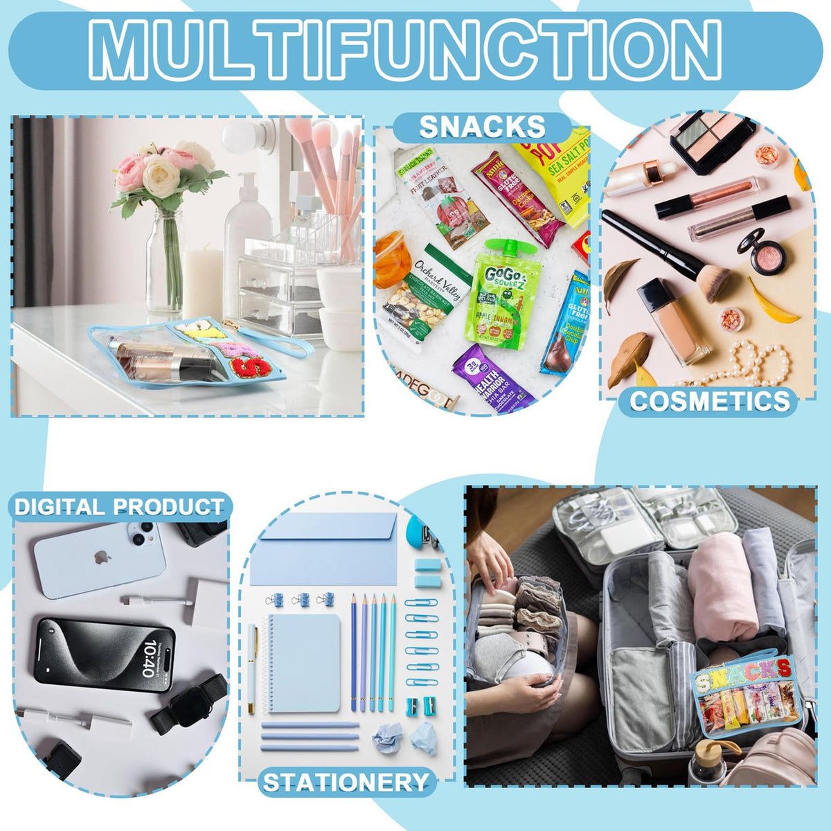 Clear Travel Makeup & Snack Pouch with Chenille Letter Zipper Waterproof