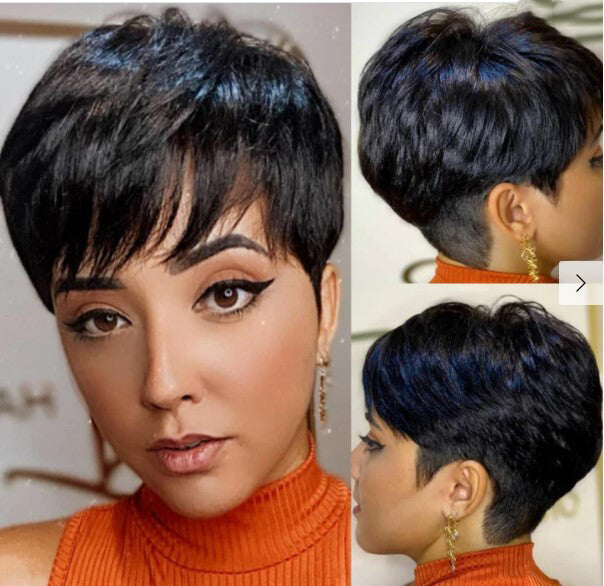 Black Pixie Cut Wig - Straight Human Hair Daily Wear Full Wig for Cosplay and Fashion