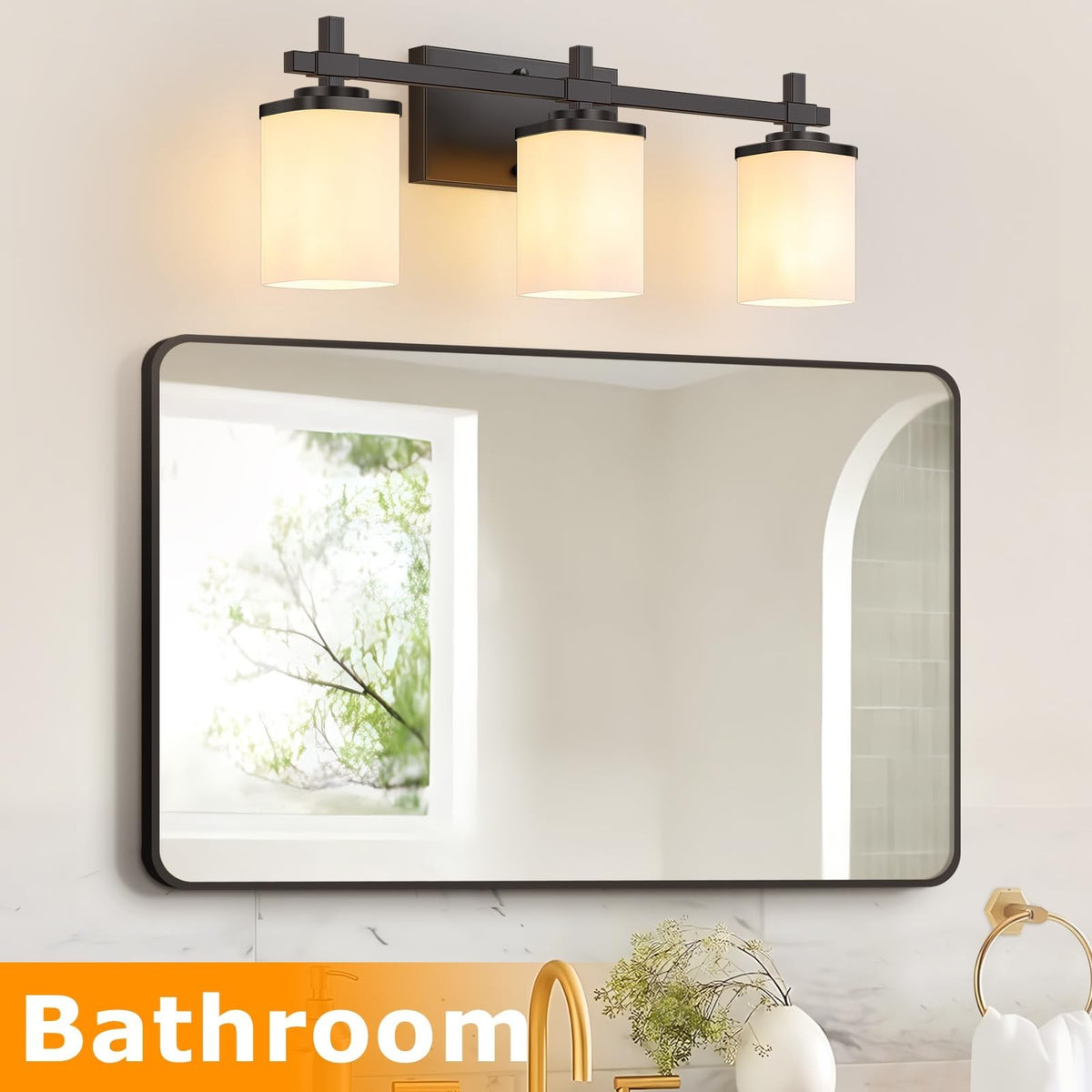 Modern Black Vanity Light Fixture with White Frosted Glass Shades - Bathroom Wall Mount, 3 Lights