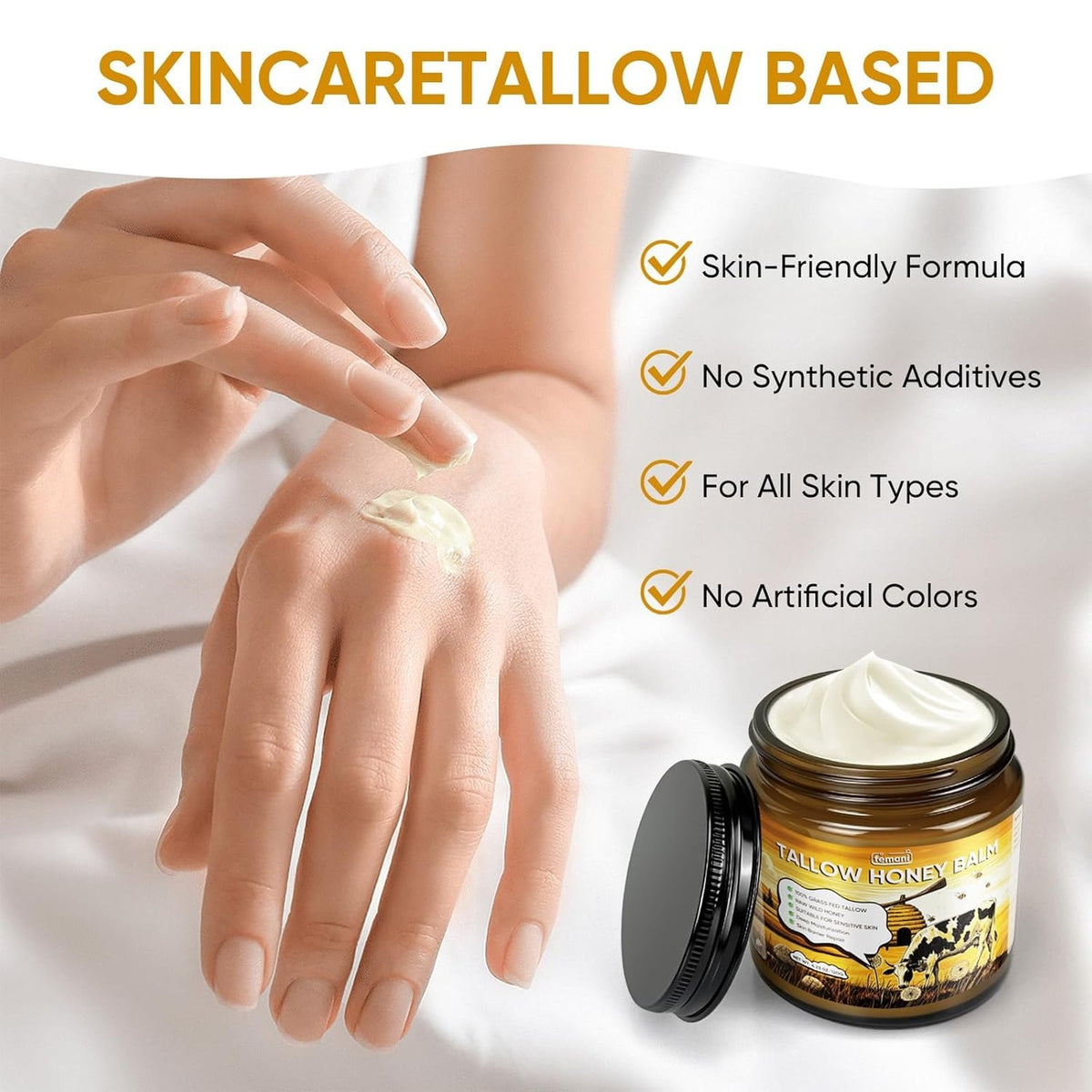 Beef Tallow Face and Body Balm 4 Oz Organic Grass-Fed Raw Honey