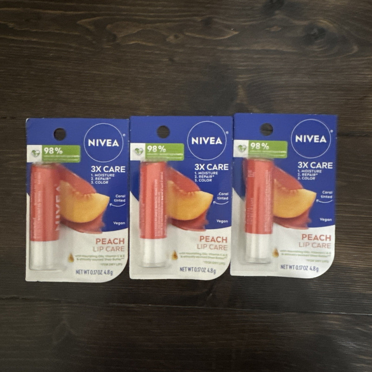 Nivea Peach Tinted Lip Balm Set - Moisturizing Lip Care Stick 0.17 oz x 3