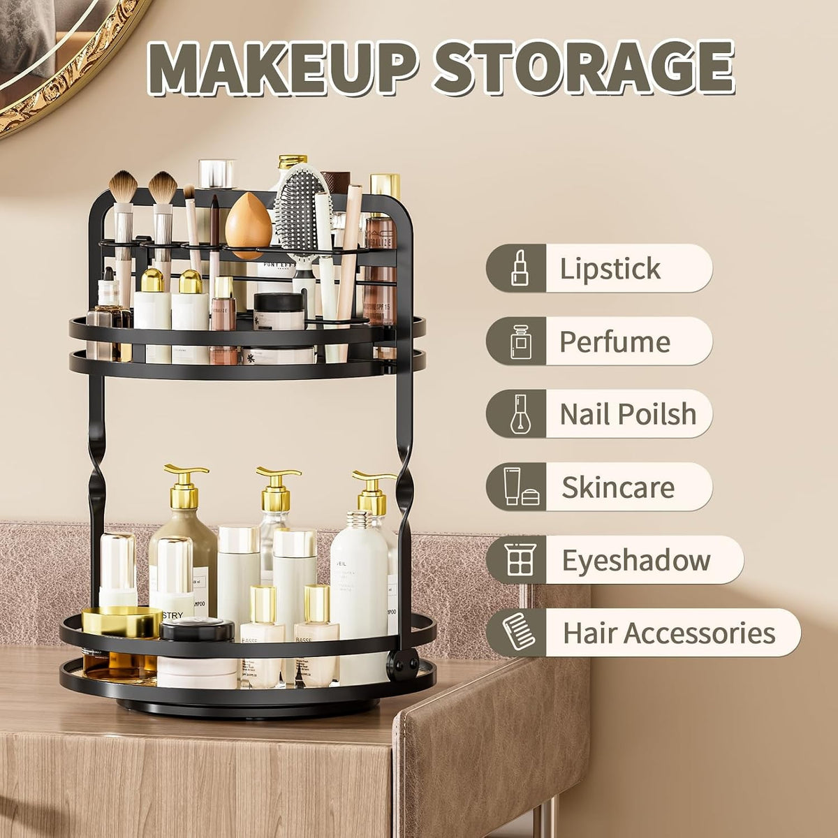 Rotating Makeup Organizer with 2 Tiers for Vanity and Bathroom Storage