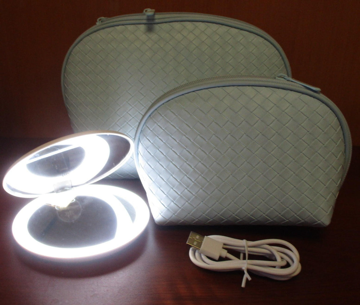 Travel Cosmetic Bag Set with LED Mirror - Blue Woven Makeup Organizer