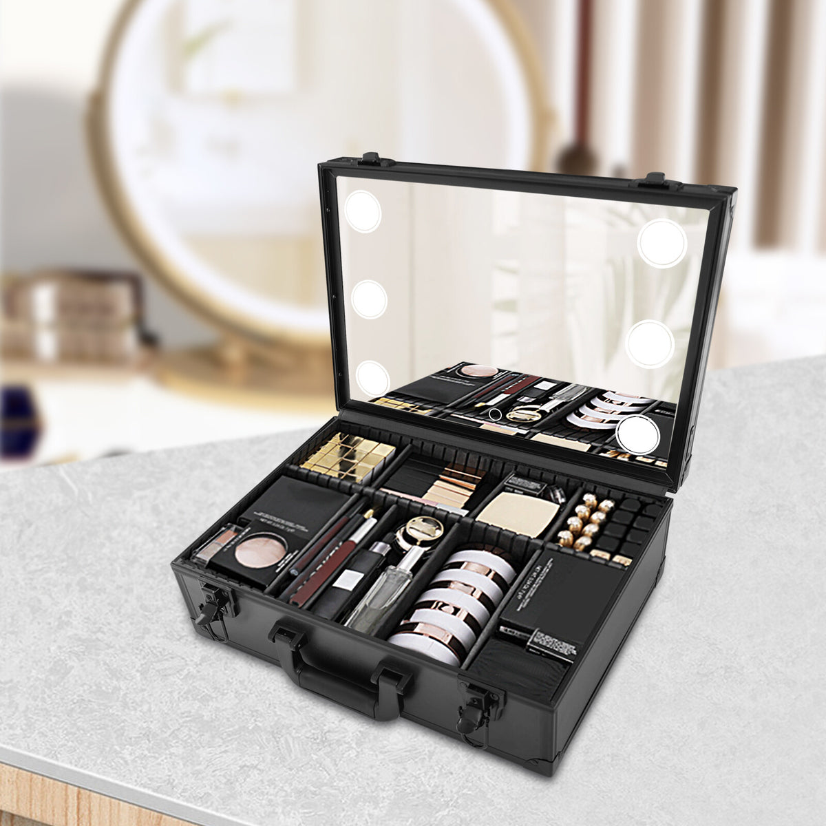 Large & Medium Makeup Train Case with LED Light & Adjustable Storage