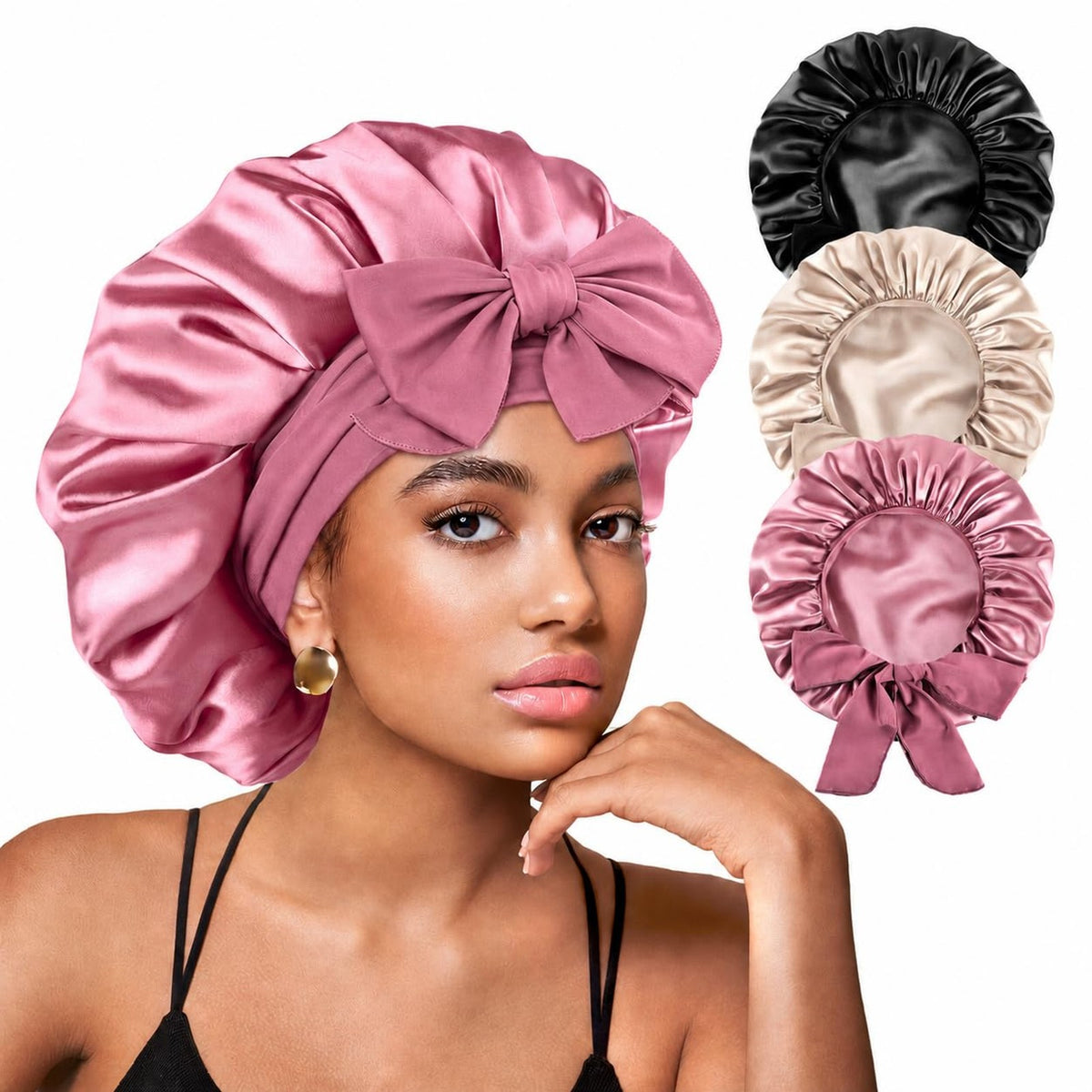 Yanideer 3 pcs Adjustable Satin Bonnets for Sleeping Double Layer