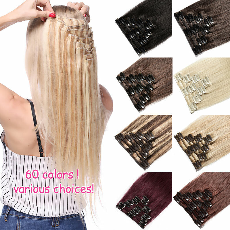 Clip-In Human Hair Extensions Full Head - Virgin Remy, Multiple Colors & Lengths