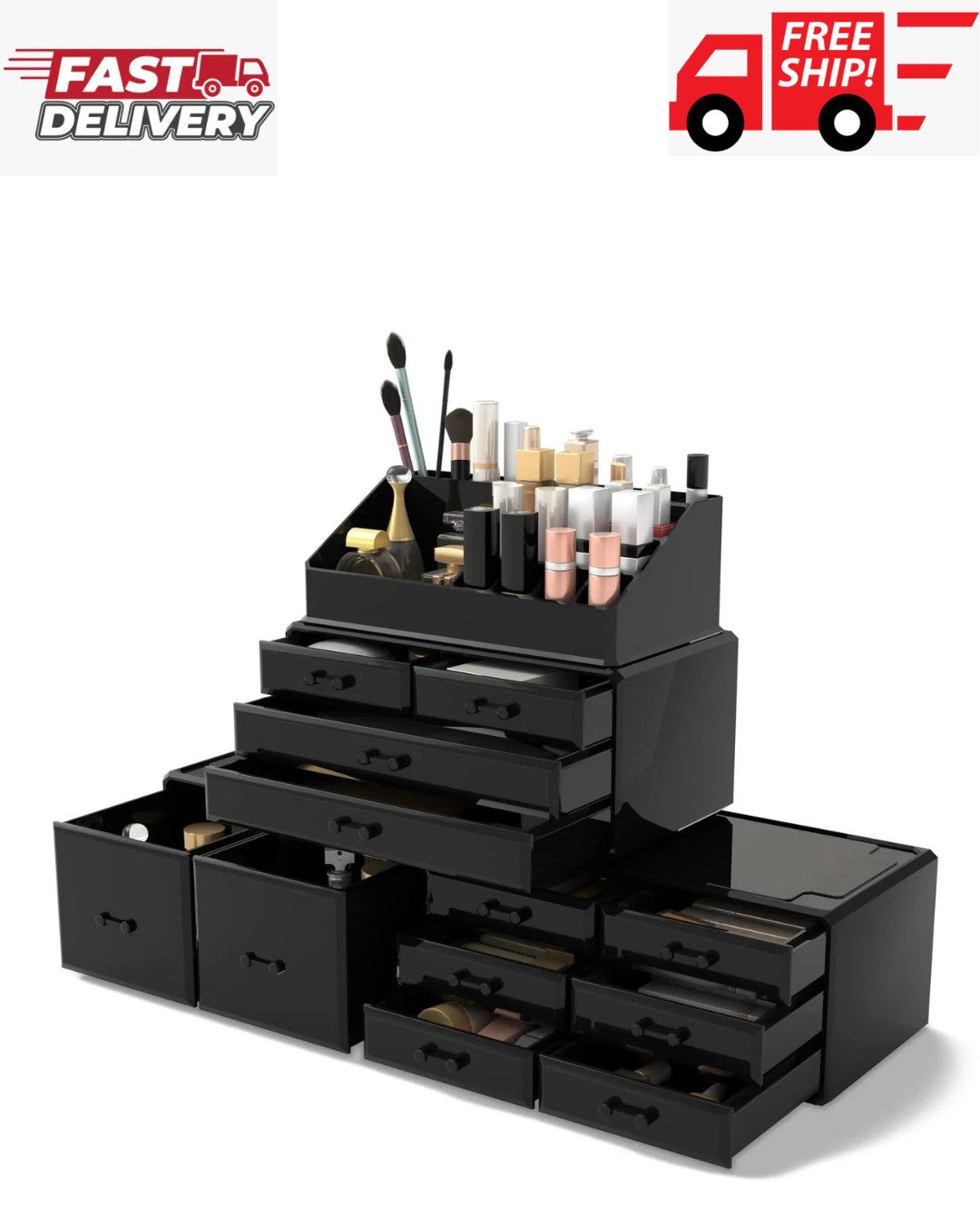 Makeup Organizer with 12 Drawers - Black Cosmetic Storage Box