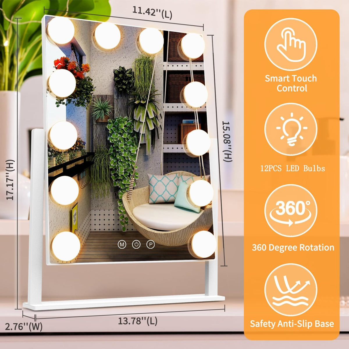 Vanity Makeup Mirror with Lights 12 Dimmable Bulbs 5X Magnification 360° Rotation