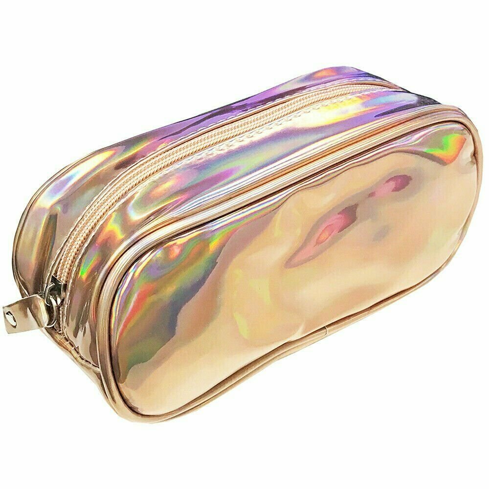 Holographic Pencil Case Pouch - Zippered Cosmetic Bag, 7.5 x 3 x 4 in