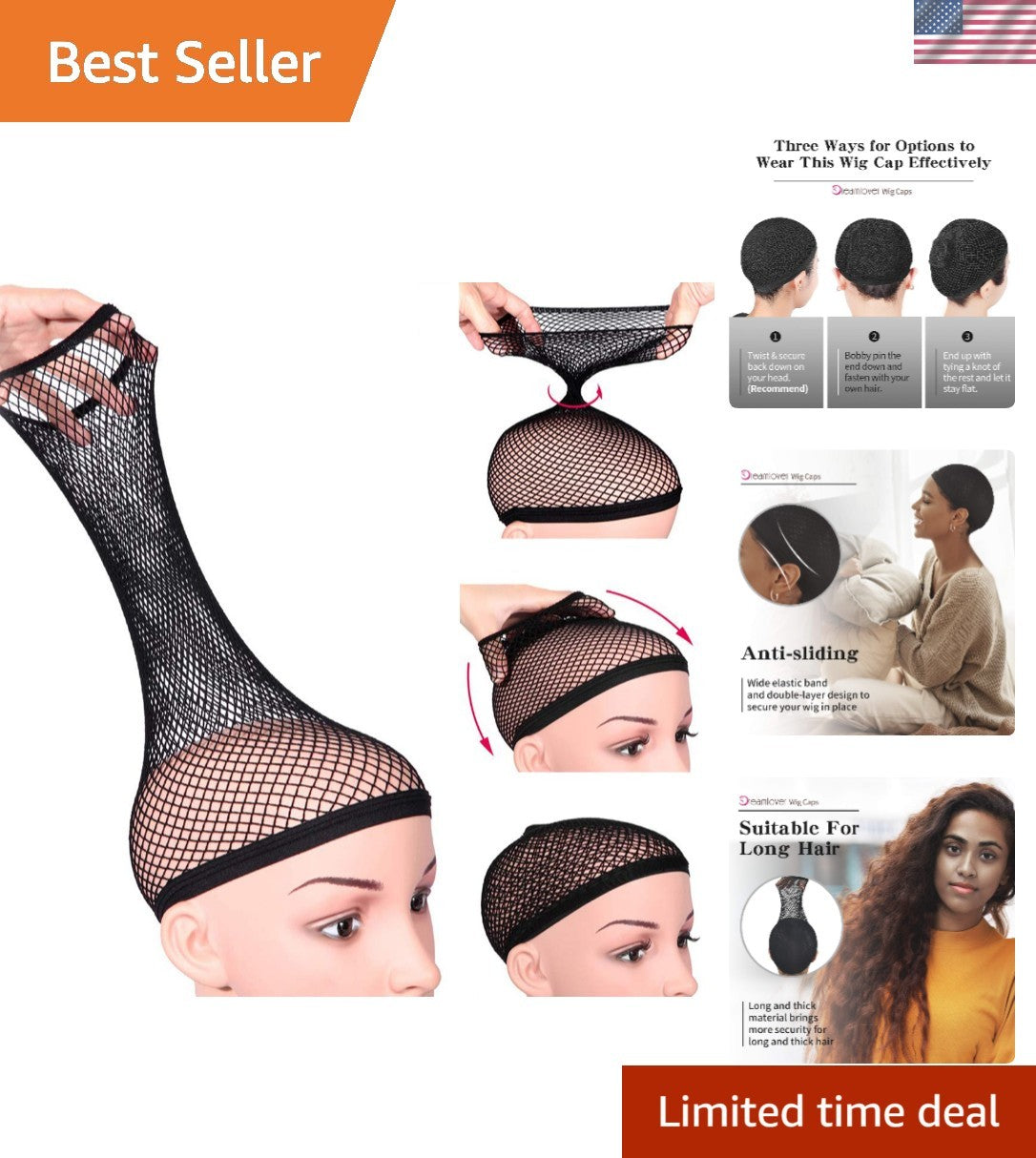 Black Wig Net for Long Thick Hair 2 Layers of Security All Day Comfort