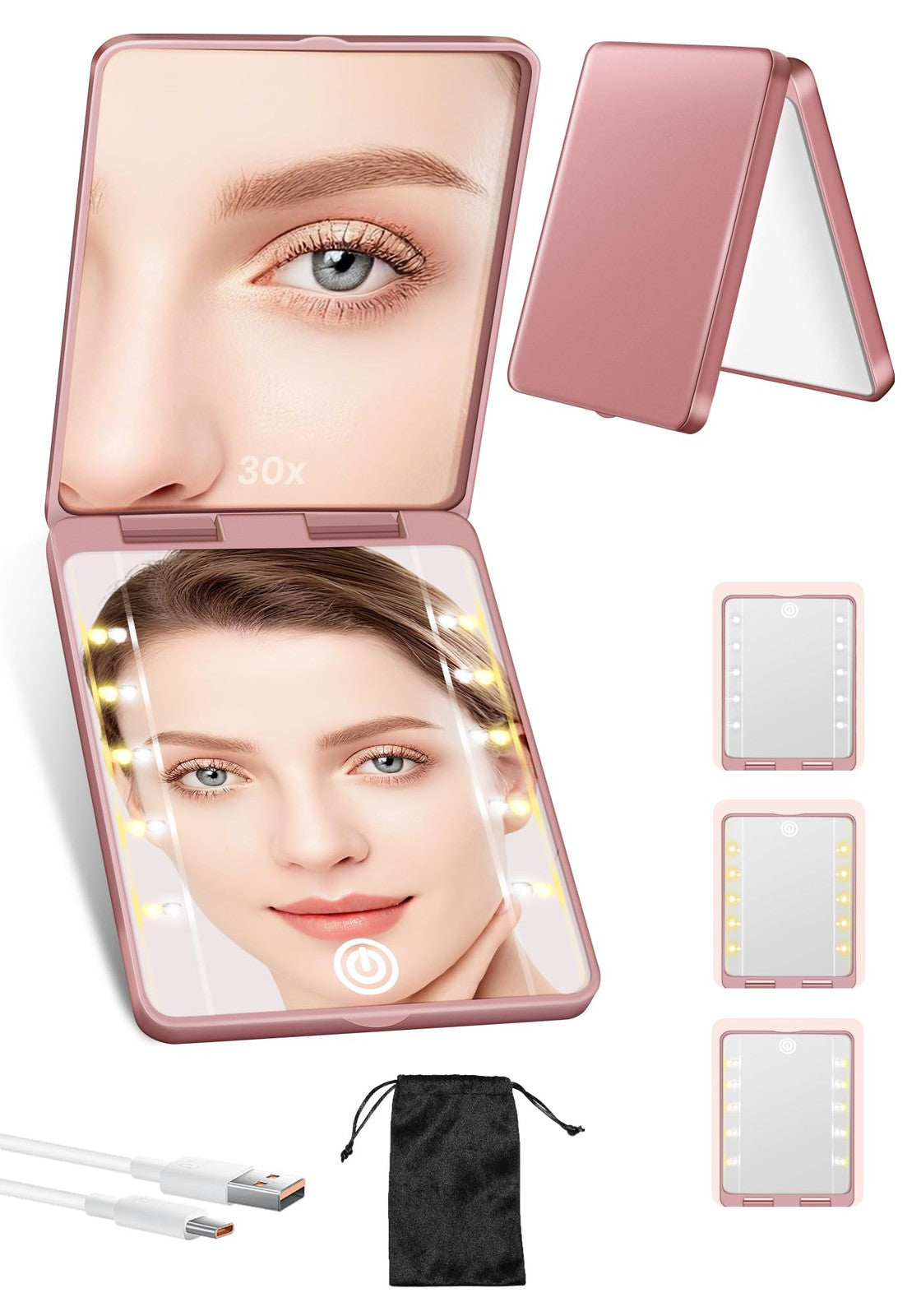 30X Magnifying Compact Mirror with 3 Light Modes Rechargeable Travel Makeup Mirror Rose