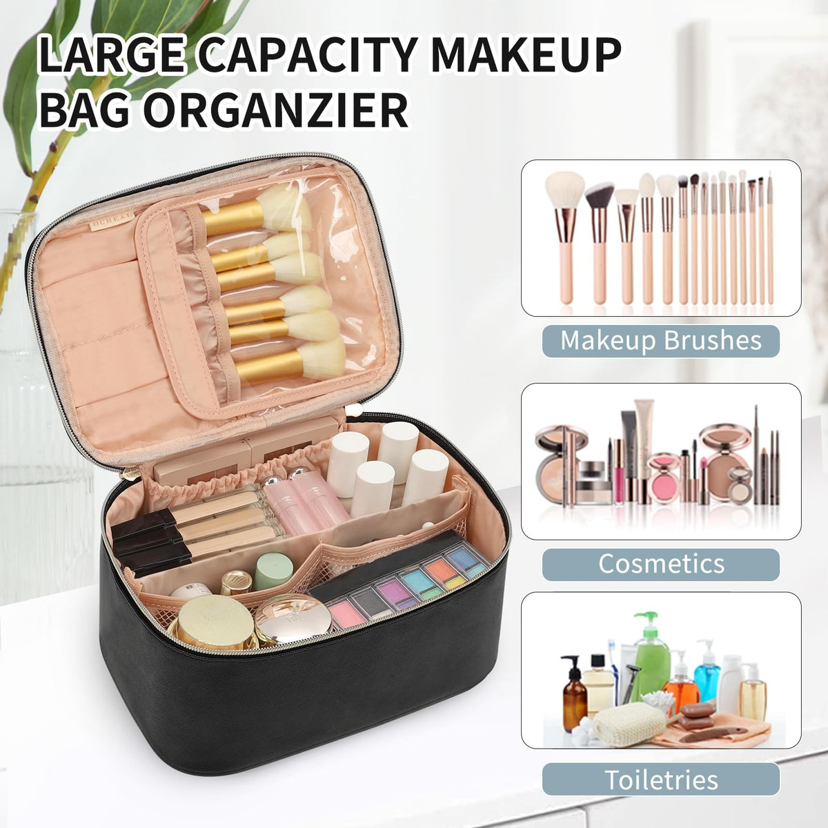 Portable Black Makeup Bag with Brush Partition & Waterproof Vegan Leather