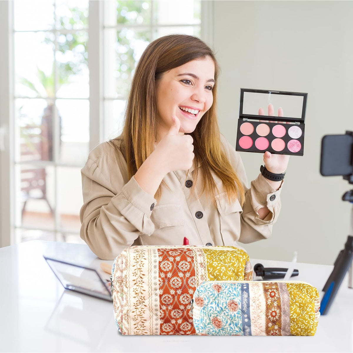 2-Pack Floral Makeup Bags - Travel Cosmetic Organizer with Spacious Interior