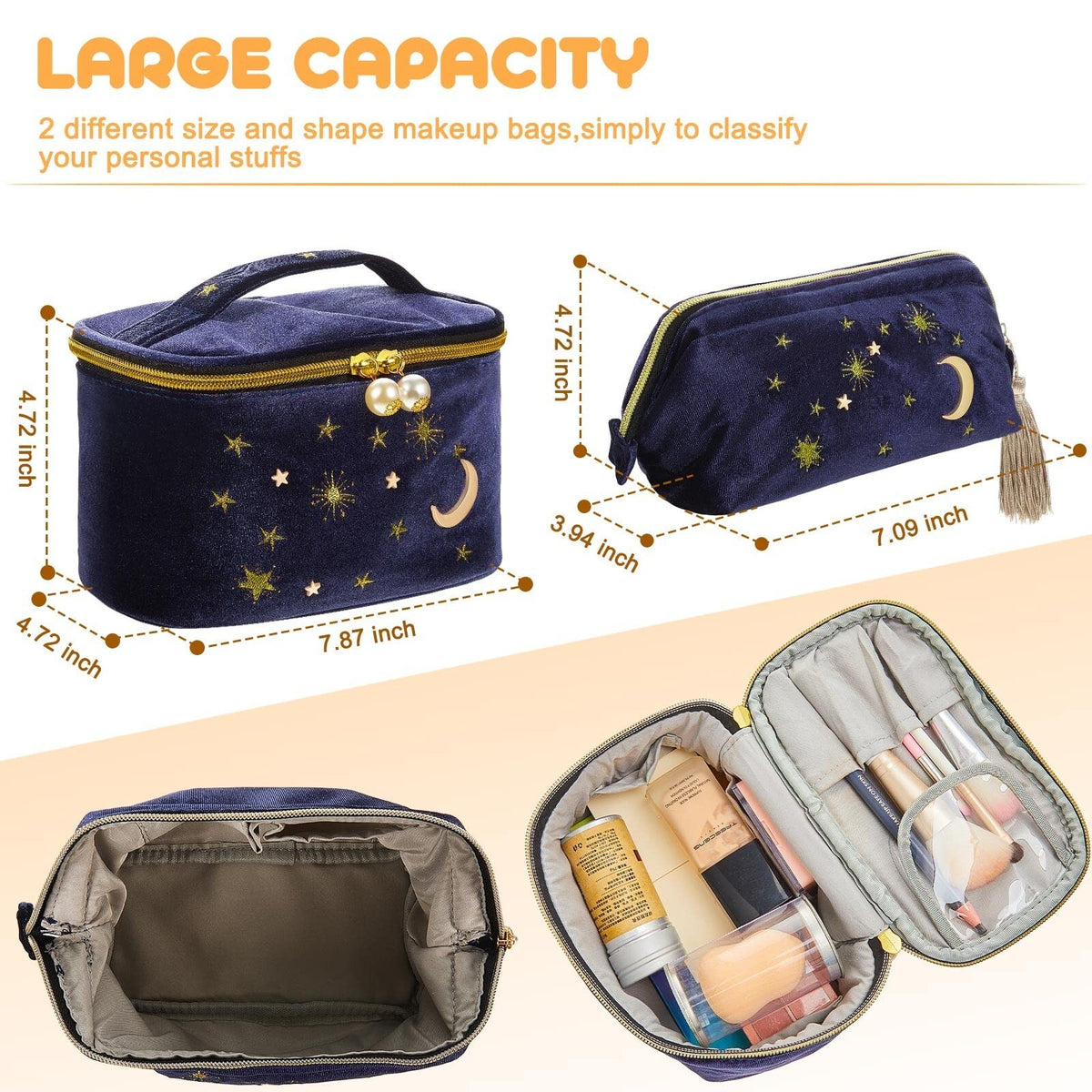 Velvet Starry Makeup Bags Set - Portable Cosmetic Organizer for Travel