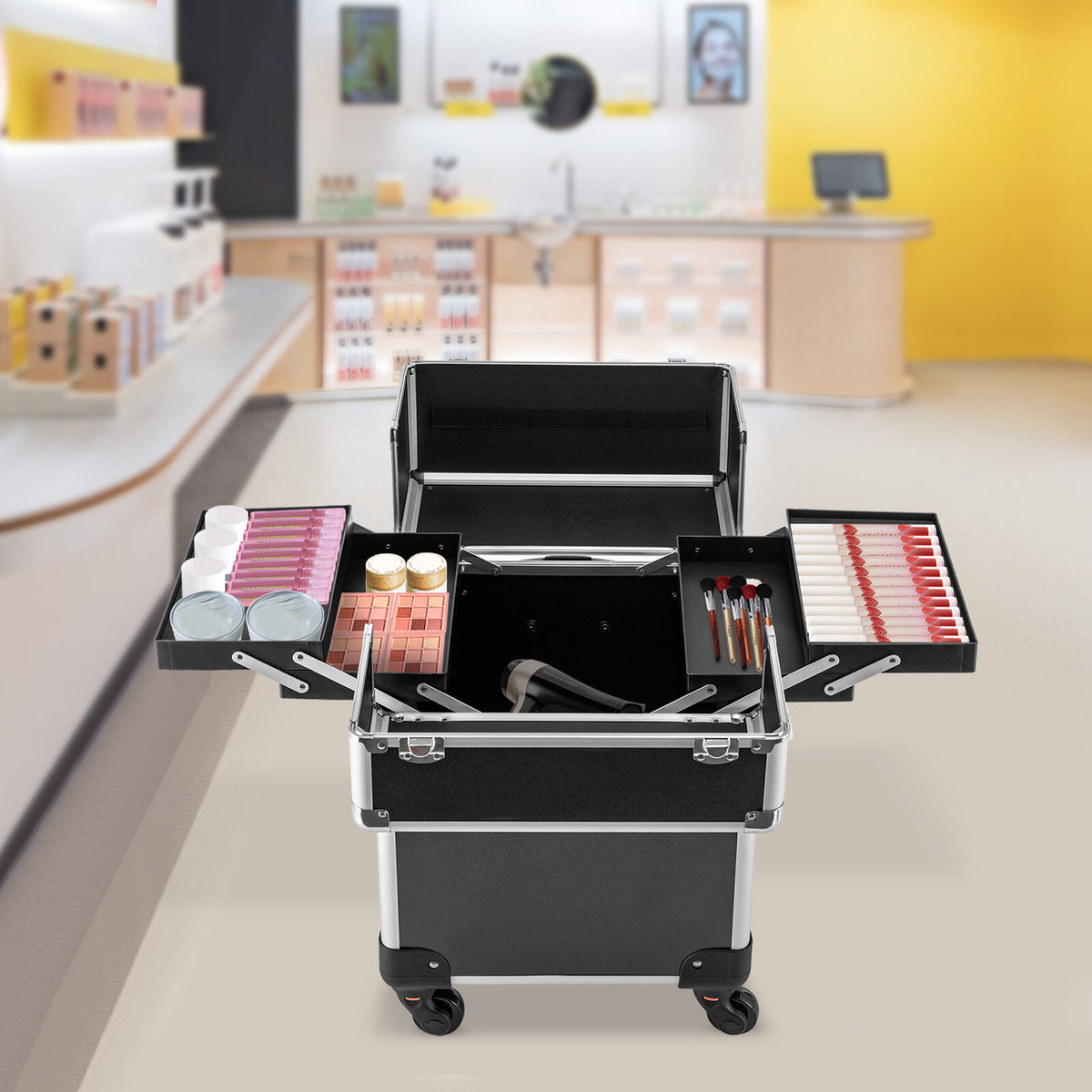 Travel Makeup Case with Wheels & Multiple Layers, Aluminum Alloy Organizer