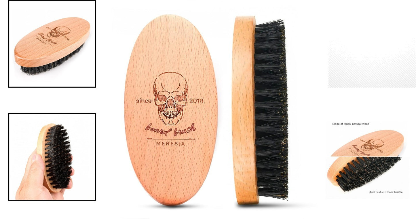 Travel Beard Brush with Natural Wood & Boar Bristles for Softening & Grooming