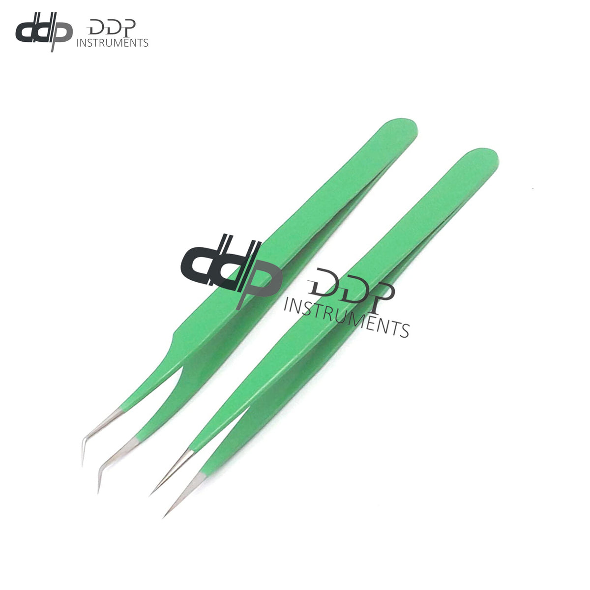 Eyelash Extension Tweezers Pack of 2 - Straight & Curved Tip, Stainless Steel, Green